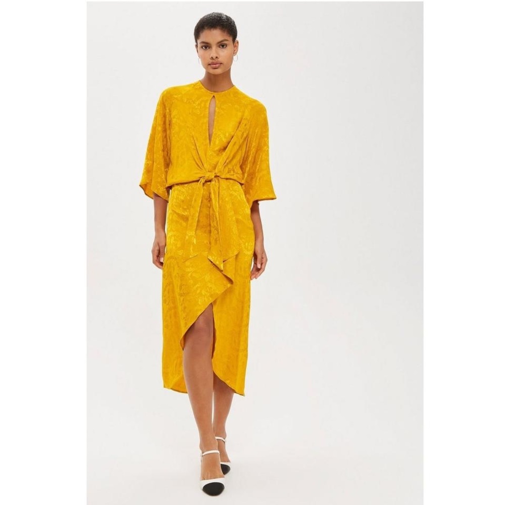 Topshop Mustard Tie Front Jacquard Dress